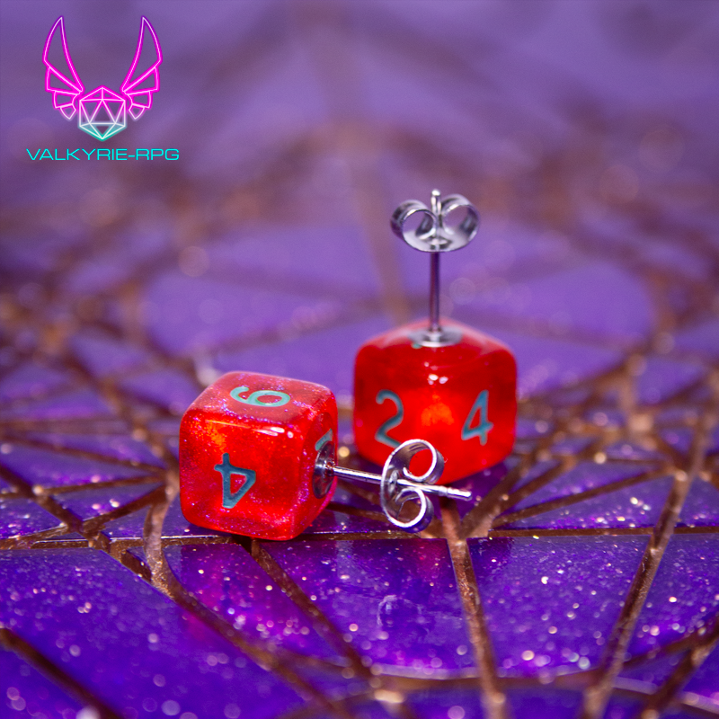 Earrings - Red Shimmer Mini Dice Studs